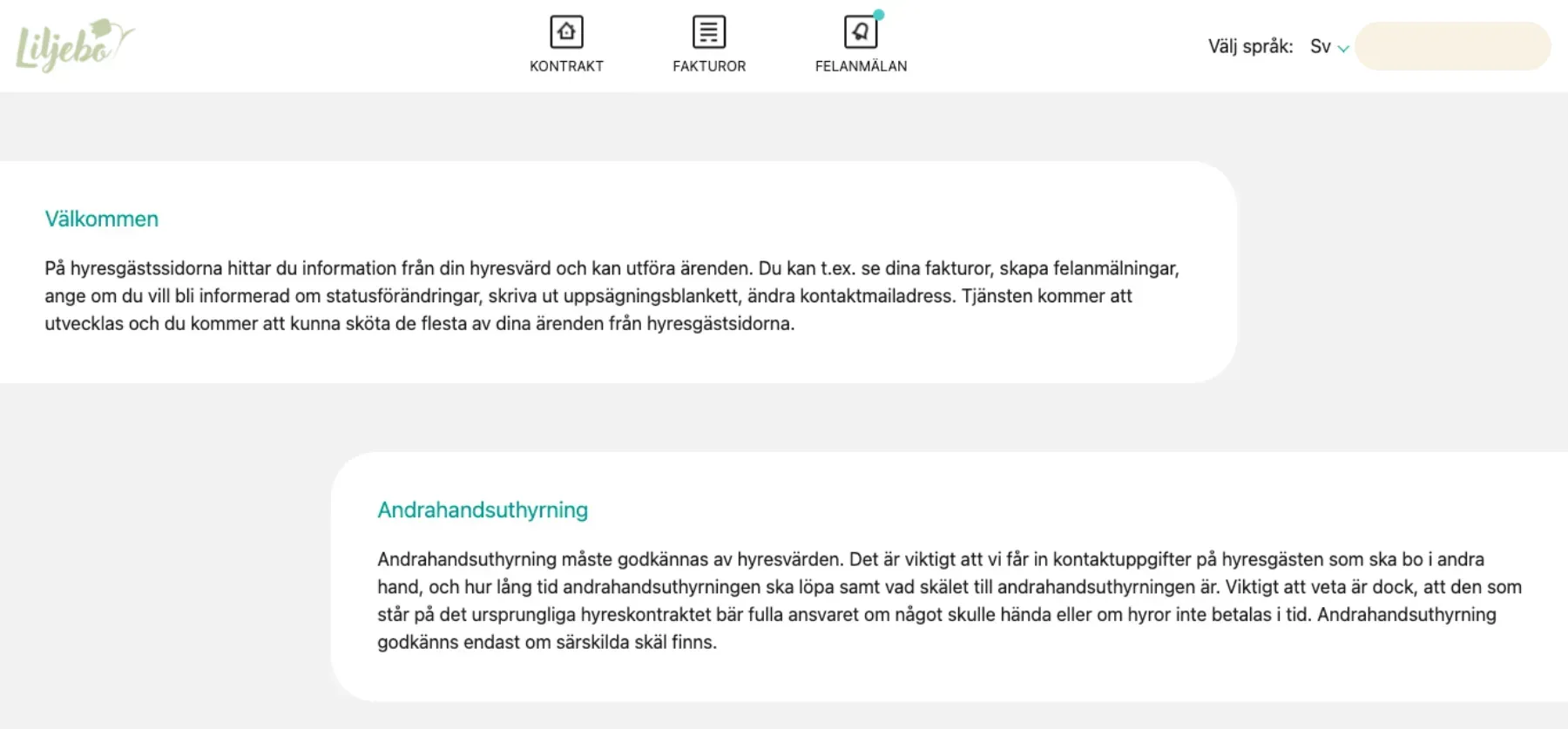 Ett svenskt webbplatsgränssnitt med sektioner med titlarna "Välkommen" och "Andrahandsuthyrning", med informationstext om bostadstjänster. I toppfältet finns ikoner för kontakt, faktura och felanmälan.